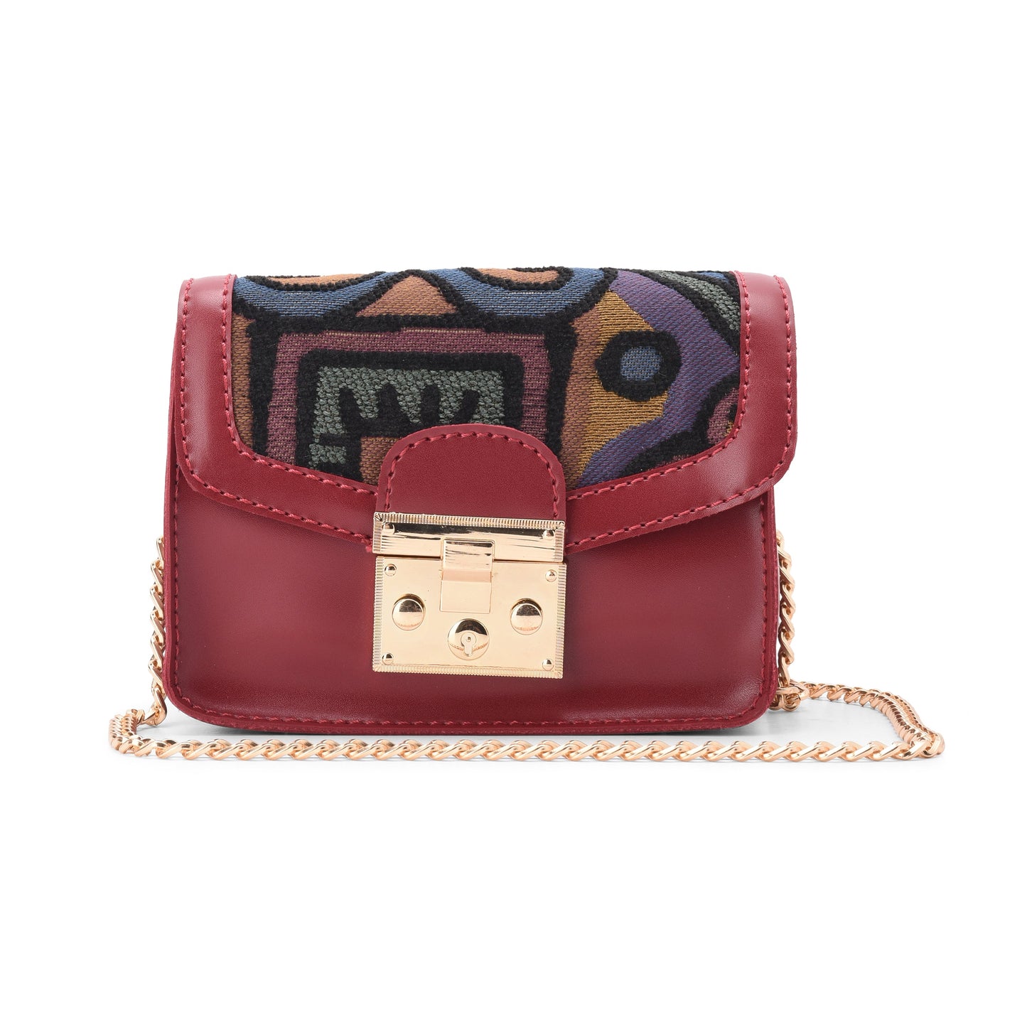 Cross waist bag - Burgundy with colorful fabric - Code 704