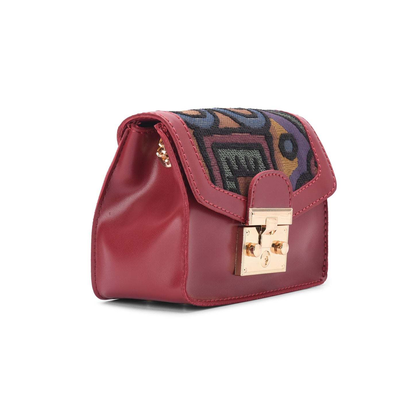 Cross waist bag - Burgundy with colorful fabric - Code 704