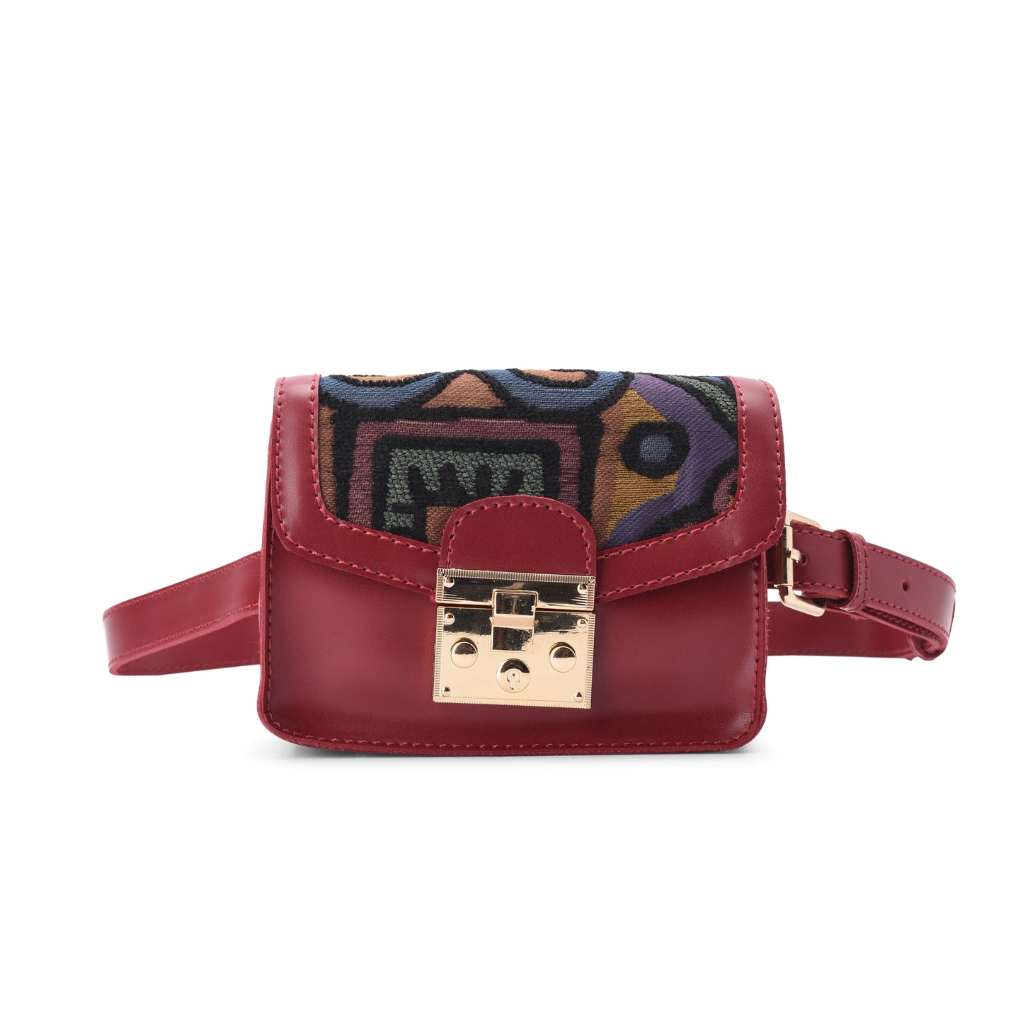 Cross waist bag - Burgundy with colorful fabric - Code 704