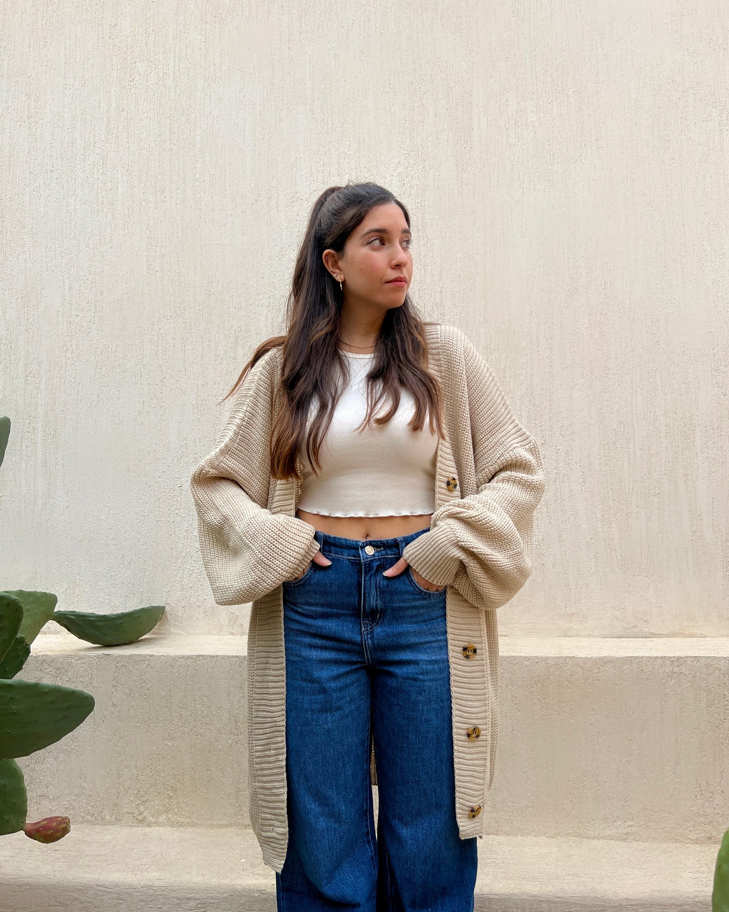 Beige oversized long Cardigan