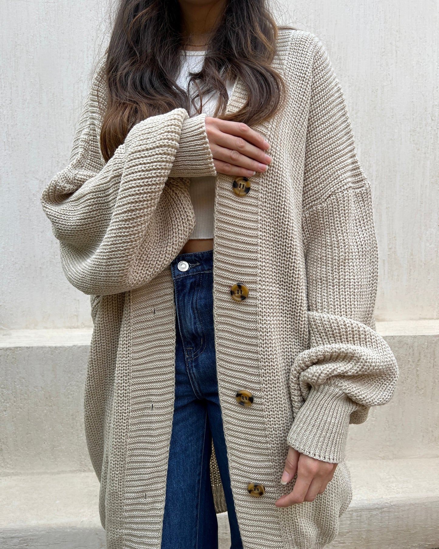 Beige oversized long Cardigan